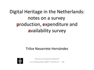 Digital Heritage in the Netherlands: notes on a survey  p roduction,  e xpenditure and  a vailability survey Trilce Navarrete Hernández Museum Computer Network 11-14 November 2009    Portland   OR 