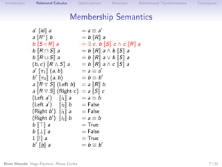 Introduction

Relational Calculus

Optimizations

Recursion

Bidirectional Transformations

Conclusions

Membership Semantics
a id a
a R◦ b
b S ◦R a
b R ∩S a
b R ∪S a
(b, c) R S a
a π1 (a, b)
b π2 (a, b)
a R S (Left b)
a R S (Right c)
(Left a )
i1 a
(Left a )
i2 b
(Right b ) i1 a
(Right b ) i2 b
b
a
b ⊥ a
1 ! a
b b a

Nuno Macedo, Hugo Pacheco, Alcino Cunha

=a≡a
=b R a
= ∃ c. b S c
=b R a∧b
=b R a∨b
=b R a∧c
=a≡a
=b≡b
=a R b
=a S c
=a≡b
= False
= False
=a≡b
= True
= False
= True
=b≡b

∧c R a
S a
S a
S a

7 / 21

 