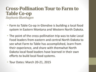 Cross-Pollination Tour to Farm to
Table Co-op
StephanieBlumhagen
• Farm to Table Co-op in Glendive is building a local food
system in Eastern Montana and Western North Dakota.
• The point of the cross-pollination trip was to take Local
Food leaders from eastern and central North Dakota to
see what Farm to Table has accomplished, learn from
their experience, and share with themwhat North
Dakota local food leaders have learned in their own
efforts to build local food systems.
• Tour Dates: March 20-21, 2015
 
