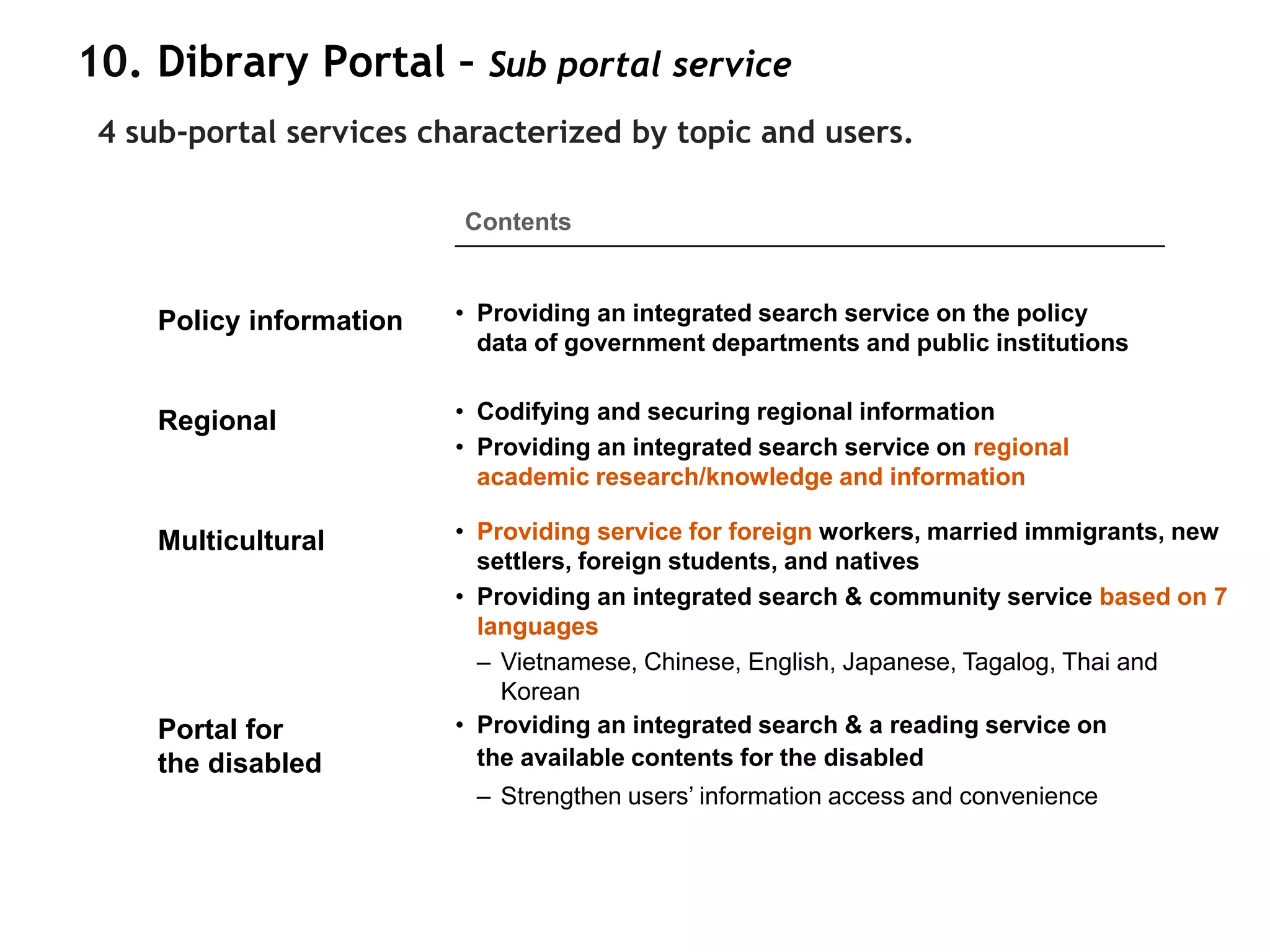 10. Dibrary Portal – Sub portal service
 4 sub-portal services characterized by topic and users.

                          Contents



     Policy information   • Providing an integrated search service on the policy
                            data of government departments and public institutions


     Regional             • Codifying and securing regional information
                          • Providing an integrated search service on regional
                            academic research/knowledge and information

     Multicultural        • Providing service for foreign workers, married immigrants, new
                            settlers, foreign students, and natives
                          • Providing an integrated search & community service based on 7
                            languages
                            – Vietnamese, Chinese, English, Japanese, Tagalog, Thai and
                              Korean
     Portal for           • Providing an integrated search & a reading service on
     the disabled           the available contents for the disabled
                           – Strengthen users’ information access and convenience
 