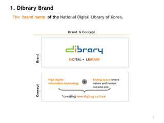 1. Dibrary Brand
 The brand name of the National Digital Library of Korea.


                                      Brand & Concept
            Brand




                                      DIGITAL + LIBRARY




                      • High digital                 • Analog space where
                        information technology   +     nature and human
            Concept




                                                       become one


                                 “creating new digilog culture”




                                                                            1
 