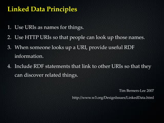 Linked Data Principles

1. Use URIs as names for things.
2. Use HTTP URIs so that people can look up those names.
3. When someone looks up a URI, provide useful RDF
   information.
4. Include RDF statements that link to other URIs so that they
   can discover related things.

                                                      Tim Berners-Lee 2007
                            http://www.w3.org/DesignIssues/LinkedData.html
 