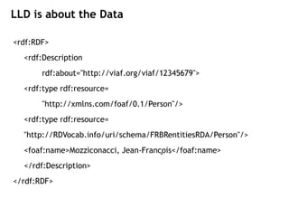 LLD is about the Data

<rdf:RDF>
  <rdf:Description
       rdf:about="http://viaf.org/viaf/12345679">
  <rdf:type rdf:resource=
       "http://xmlns.com/foaf/0.1/Person"/>
  <rdf:type rdf:resource=
  "http://RDVocab.info/uri/schema/FRBRentitiesRDA/Person"/>
  <foaf:name>Mozziconacci, Jean-François</foaf:name>
  </rdf:Description>
</rdf:RDF>
 