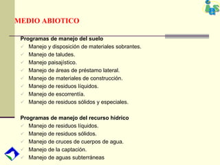 MEDIO ABIOTICO
Programas de manejo del suelo
 Manejo y disposición de materiales sobrantes.
 Manejo de taludes.
 Manejo paisajístico.
 Manejo de áreas de préstamo lateral.
 Manejo de materiales de construcción.
 Manejo de residuos líquidos.
 Manejo de escorrentía.
 Manejo de residuos sólidos y especiales.
Programas de manejo del recurso hídrico
 Manejo de residuos líquidos.
 Manejo de residuos sólidos.
 Manejo de cruces de cuerpos de agua.
 Manejo de la captación.
 Manejo de aguas subterráneas
 