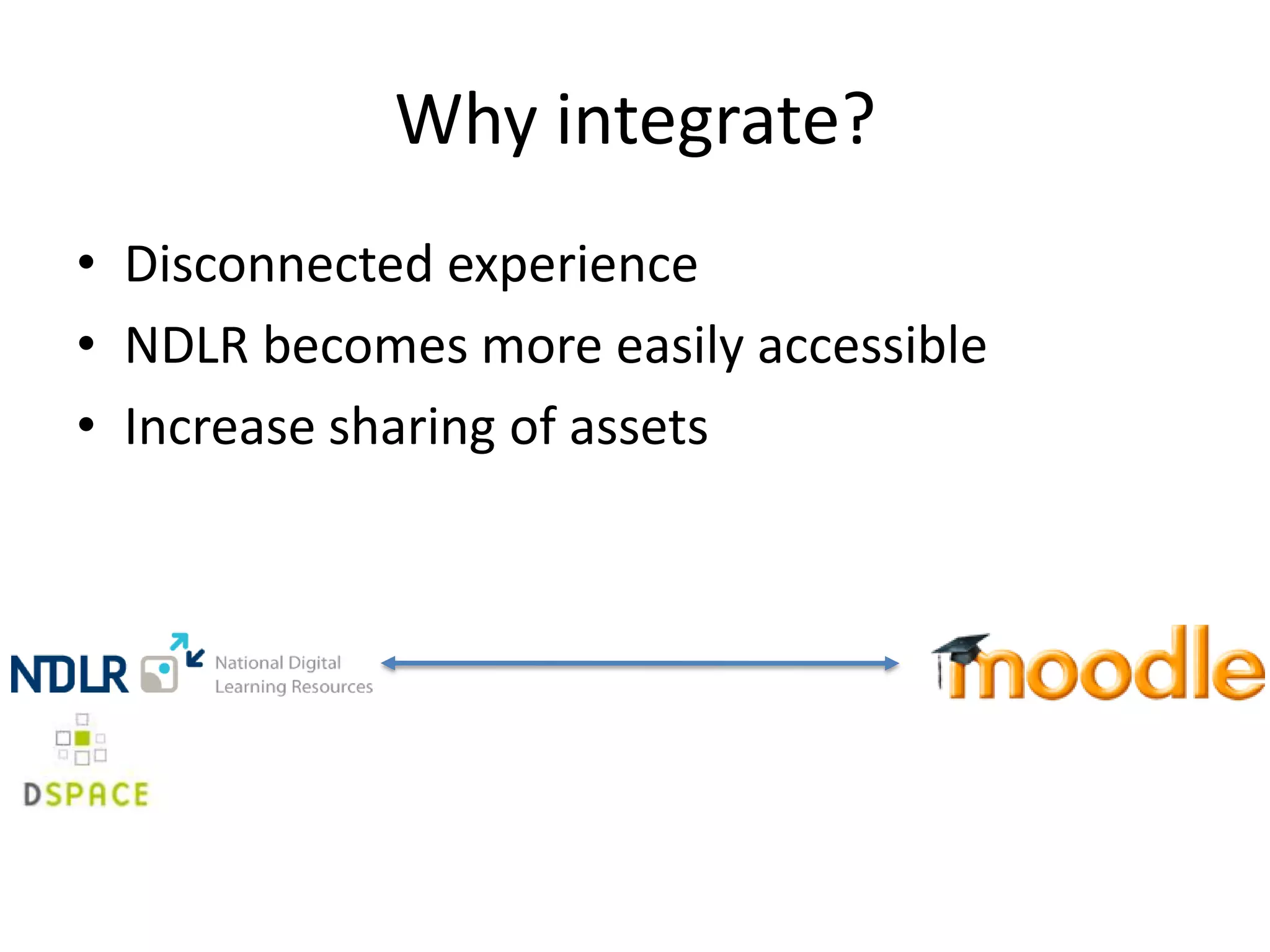 Why integrate?
• Disconnected experience
• NDLR becomes more easily accessible
• Increase sharing of assets
 