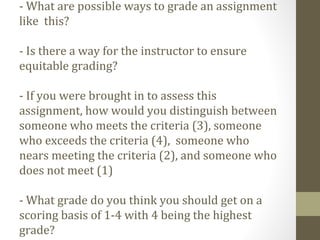 - What are possible ways to grade an assignment
like this?
- Is there a way for the instructor to ensure
equitable grading?
- If you were brought in to assess this
assignment, how would you distinguish between
someone who meets the criteria (3), someone
who exceeds the criteria (4), someone who
nears meeting the criteria (2), and someone who
does not meet (1)
- What grade do you think you should get on a
scoring basis of 1-4 with 4 being the highest
grade?
 
