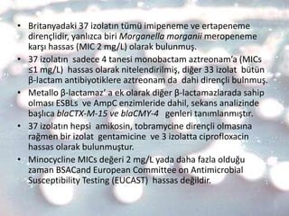 • Britanyadaki 37 izolatın tümü imipeneme ve ertapeneme
  dirençlidir, yanlızca biri Morganella morganii meropeneme
  karşı hassas (MIC 2 mg/L) olarak bulunmuş.
• 37 izolatın sadece 4 tanesi monobactam aztreonam’a (MICs
  ≤1 mg/L) hassas olarak nitelendirilmiş, diğer 33 izolat bütün
  β-lactam antibiyotiklere aztreonam da dahi dirençli bulnmuş.
• Metallo β-lactamaz’ a ek olarak diğer β-lactamazlarada sahip
  olması ESBLs ve AmpC enzimleride dahil, sekans analizinde
  başlıca blaCTX-M-15 ve blaCMY-4 genleri tanımlanmıştır.
• 37 izolatın hepsi amikosin, tobramycine dirençli olmasına
  rağmen bir izolat gentamicine ve 3 izolatta ciprofloxacin
  hassas olarak bulunmuştur.
• Minocycline MICs değeri 2 mg/L yada daha fazla olduğu
  zaman BSACand European Committee on Antimicrobial
  Susceptibility Testing (EUCAST) hassas değildir.
 