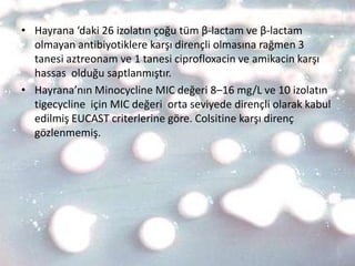 • Hayrana ‘daki 26 izolatın çoğu tüm β-lactam ve β-lactam
  olmayan antibiyotiklere karşı dirençli olmasına rağmen 3
  tanesi aztreonam ve 1 tanesi ciprofloxacin ve amikacin karşı
  hassas olduğu saptlanmıştır.
• Hayrana’nın Minocycline MIC değeri 8–16 mg/L ve 10 izolatın
  tigecycline için MIC değeri orta seviyede dirençli olarak kabul
  edilmiş EUCAST criterlerine göre. Colsitine karşı direnç
  gözlenmemiş.
 