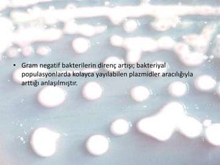 • Gram negatif bakterilerin direnç artışı; bakteriyal
  populasyonlarda kolayca yayılabilen plazmidler aracılığıyla
  arttığı anlaşılmıştır.
 