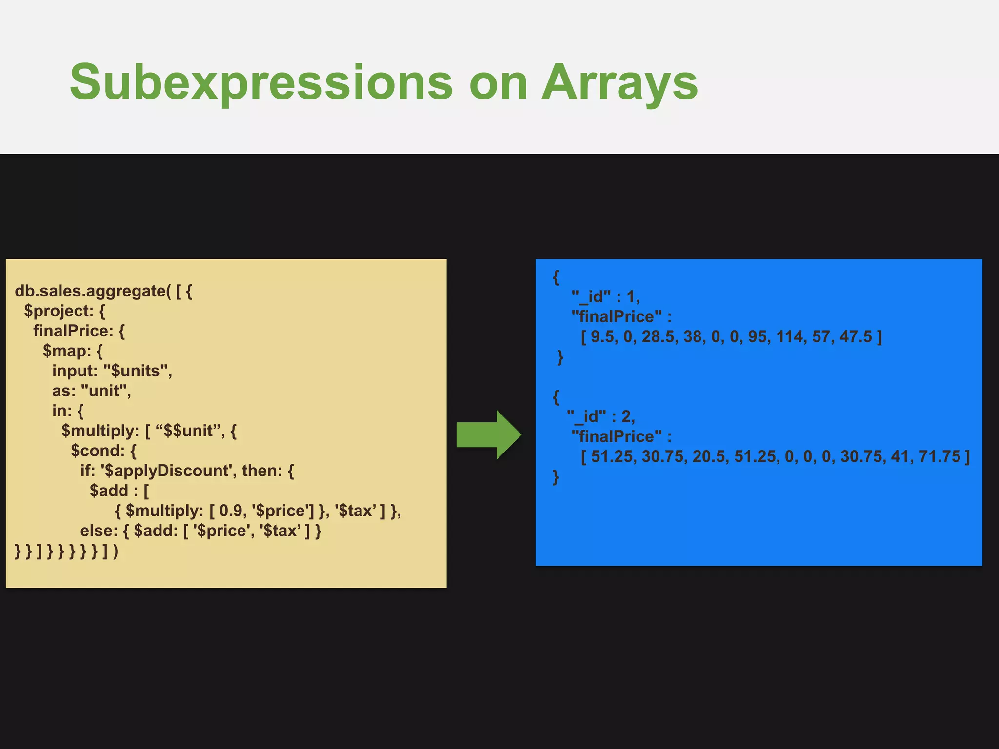 Subexpressions on Arrays
db.sales.aggregate( [ {
$project: {
finalPrice: {
$map: {
input: "$units",
as: "unit",
in: {
$multiply: [ “$$unit”, {
$cond: {
if: '$applyDiscount', then: {
$add : [
{ $multiply: [ 0.9, '$price'] }, '$tax’ ] },
else: { $add: [ '$price', '$tax’ ] }
} } ] } } } } } ] )
{
"_id" : 1,
"finalPrice" :
[ 9.5, 0, 28.5, 38, 0, 0, 95, 114, 57, 47.5 ]
}
{
"_id" : 2,
"finalPrice" :
[ 51.25, 30.75, 20.5, 51.25, 0, 0, 0, 30.75, 41, 71.75 ]
}
 