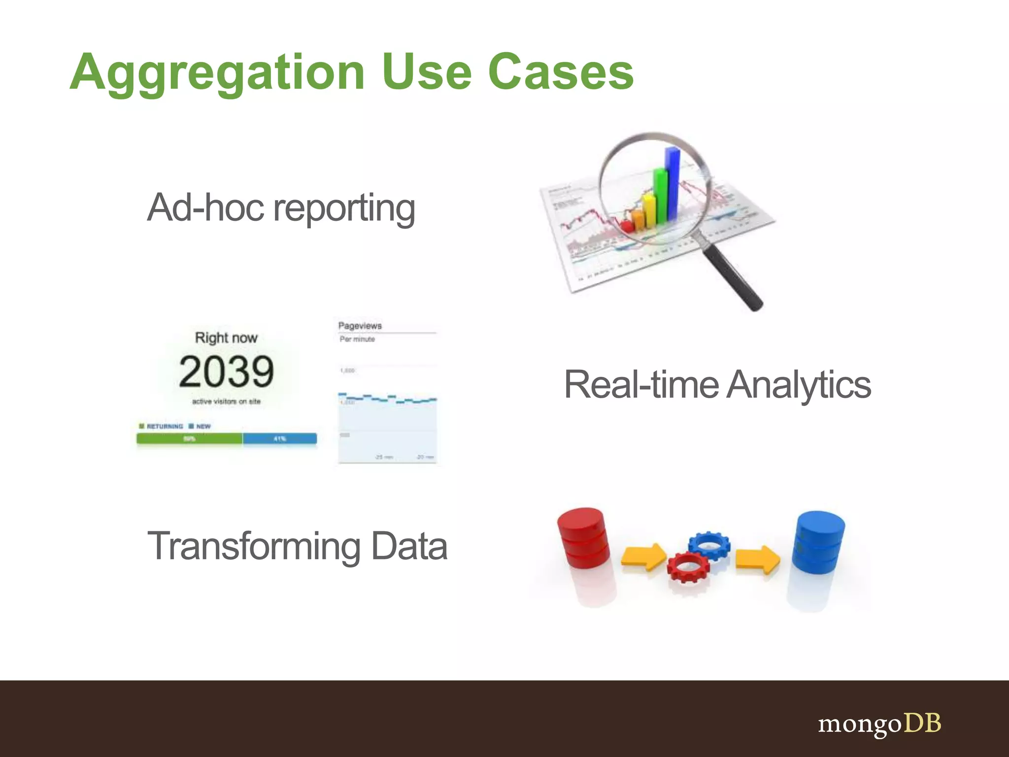 Aggregation Use Cases
Ad-hoc reporting
Real-timeAnalytics
Transforming Data
 