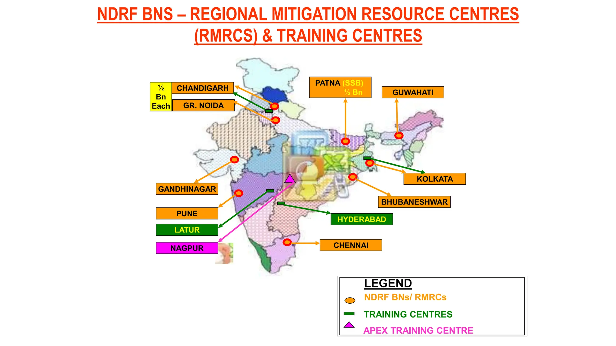 NDRF BNS – REGIONAL MITIGATION RESOURCE CENTRES
(RMRCS) & TRAINING CENTRES
NDRF BNs/ RMRCs
TRAINING CENTRES
APEX TRAINING CENTRE
LEGEND
CHANDIGARH
GR. NOIDA
½
Bn
Each
GANDHINAGAR
PUNE
BHUBANESHWAR
KOLKATA
GUWAHATI
PATNA (SSB)
½ Bn
NAGPUR
LATUR
CHENNAI
HYDERABAD
 