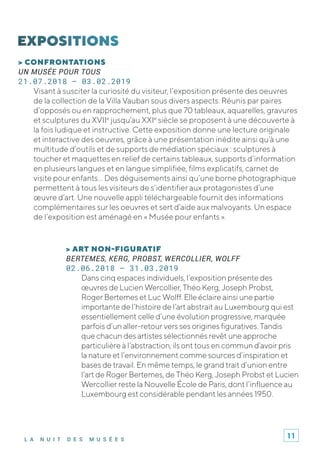 L A N U I T D E S M U S É E S
> CONFRONTATIONS
UN MUSÉE POUR TOUS
21.07.2018 – 03.02.2019
Visant à susciter la curiosité du visiteur, l’exposition présente des oeuvres
de la collection de la Villa Vauban sous divers aspects. Réunis par paires
d’opposés ou en rapprochement, plus que 70 tableaux, aquarelles, gravures
et sculptures du XVIIe
jusqu’au XXIe
siècle se proposent à une découverte à
la fois ludique et instructive. Cette exposition donne une lecture originale
et interactive des oeuvres, grâce à une présentation inédite ainsi qu’à une
multitude d’outils et de supports de médiation spéciaux : sculptures à
toucher et maquettes en relief de certains tableaux, supports d’information
en plusieurs langues et en langue simplifiée, films explicatifs, carnet de
visite pour enfants… Des déguisements ainsi qu’une borne photographique
permettent à tous les visiteurs de s’identifier aux protagonistes d’une
œuvre d’art. Une nouvelle appli téléchargeable fournit des informations
complémentaires sur les oeuvres et sert d’aide aux malvoyants. Un espace
de l’exposition est aménagé en « Musée pour enfants ».
> ART NON-FIGURATIF
BERTEMES, KERG, PROBST, WERCOLLIER, WOLFF
02.06.2018 – 31.03.2019
Dans cinq espaces individuels, l’exposition présente des
œuvres de Lucien Wercollier, Théo Kerg, Joseph Probst,
Roger Bertemes et Luc Wolff. Elle éclaire ainsi une partie
importante de l’histoire de l’art abstrait au Luxembourg qui est
essentiellement celle d’une évolution progressive, marquée
parfois d’un aller-retour vers ses origines figuratives. Tandis
que chacun des artistes sélectionnés revêt une approche
particulière à l’abstraction, ils ont tous en commun d’avoir pris
la nature et l’environnement comme sources d’inspiration et
bases de travail. En même temps, le grand trait d’union entre
l’art de Roger Bertemes, de Théo Kerg, Joseph Probst et Lucien
Wercollier reste la Nouvelle École de Paris, dont l’influence au
Luxembourg est considérable pendant les années 1950.
11
 