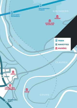 CLAUSEN
GRUND
KIRCHBERGRUE
VAU
BA
N
LËTZEBUERG
CITY MUSEUM
MNHN
MNHA
MUSÉE DRÄI
EECHELEN
MUDAM
GRUEF
ROOSEVELT
QUAI 1
ROUT BRÉK -
PAFENDALL
PHILARMONIE -
MUDAM
TRAM
NAVETTES
MUSÉES
 