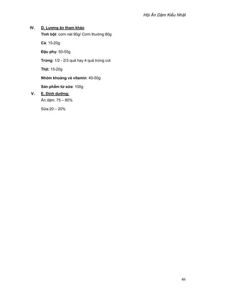 H i Ăn D m Ki u Nh t
46
IV. D. Lư ng ăn tham kh o
Tinh b t: cơm nát 90g/ Cơm thư ng 80g
Cá: 15-20g
ð u ph : 50-55g
Tr ng: 1/2 - 2/3 qu hay 4 qu tr ng cút
Th t: 15-20g
Nhóm khoáng và vitamin: 40-50g
S n ph m t s a: 100g
V. E. Dinh dư ng:
Ăn d m: 75 – 80%
S a:20 – 20%
 