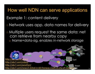 NDN’s stateful forwarding plane enables 
♢ Multicast delivery 
♢ Scalable content distribution 
♢ Multipath forwarding 
♢ Closed Feedback loop 
¡ Built in performance measurement at every 
router 
¡ Congestion control 
19 
 