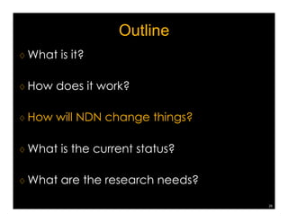 How well NDN can serve applications 
23 
Example 2: emerging network applications 
“ROOM5 
temperature?” 
DATA 
(name|data|signature) 
ROOM5 
traffic 
condi6on 
on 
HW405@LAX? 
INTEREST(/ucla/bldg#/room5/temp) 
“Turn 
on 
air 
condi6oner” 
ROOM5 
INTEREST(/ucla/bldg#/room5/AC-on/sig) 
DATA 
(name|ACK|signature) 
INTEREST(/traffic/LA/HW405/location) 
DATA 
(name|data|signature) 
 