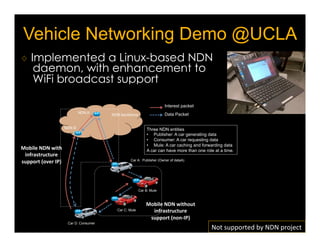 Video Streaming Case Study Summary 
♢ NDN was easier to setup 
¡ HTTP proxies and clients need topology-specific 
configuration 
¡ Using DNS/transparent proxies to avoid this 
would likely be just as complex 
♢ NDN required no tweaking 
¡ HTTP proxies needed to be tweaked to support 
changing loads 
Remember NDN is general-purpose 
31 
Form 
more 
details: 
h[p://named-­‐data.net/publicaKons/fia-­‐2013-­‐ndn-­‐perf-­‐11-­‐15-­‐2013/ 
 