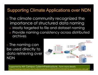 How will NDN change things? 
♢ Enable a new generation of applications 
that are difficult to support with today’s 
TCP/IP 
¡ IP enabled a revolution because packet 
switching is fundamentally more general than 
circuit 
¡ NDN as a distribution network: fundamentally 
more general than IP’s point-to-point comm. 
Model 
32 
 