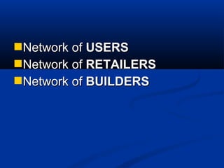 Network ofNetwork of USERSUSERS
Network ofNetwork of RETAILERSRETAILERS
Network ofNetwork of BUILDERSBUILDERS
 