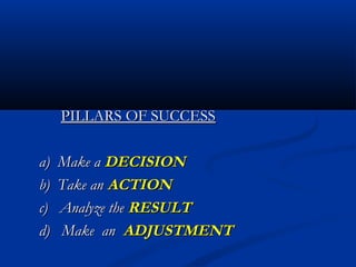 PILLARS OF SUCCESSPILLARS OF SUCCESS
a) Make aa) Make a DECISIONDECISION
b) Take anb) Take an ACTIONACTION
c) Analyze thec) Analyze the RESULTRESULT
d) Make and) Make an ADJUSTMENTADJUSTMENT
 