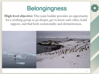 Belongingness
High level objective: This team builder provides an opportunity
for a working group to go deeper, get to kno...