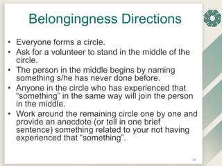 Belongingness Directions
• Everyone forms a circle.
• Ask for a volunteer to stand in the middle of the
circle.
• The pers...