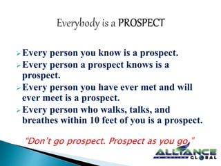 Every person you know is a prospect. 
Every person a prospect knows is a 
prospect. 
Every person you have ever met and will 
ever meet is a prospect. 
Every person who walks, talks, and 
breathes within 10 feet of you is a prospect. 
“Don’t go prospect. Prospect as you go.” 
 