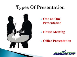  One on One 
Presentation 
 House Meeting 
 Office Presentation 
 