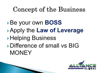 Be your own BOSS 
Apply the Law of Leverage 
Helping Business 
Difference of small vs BIG 
MONEY 
 