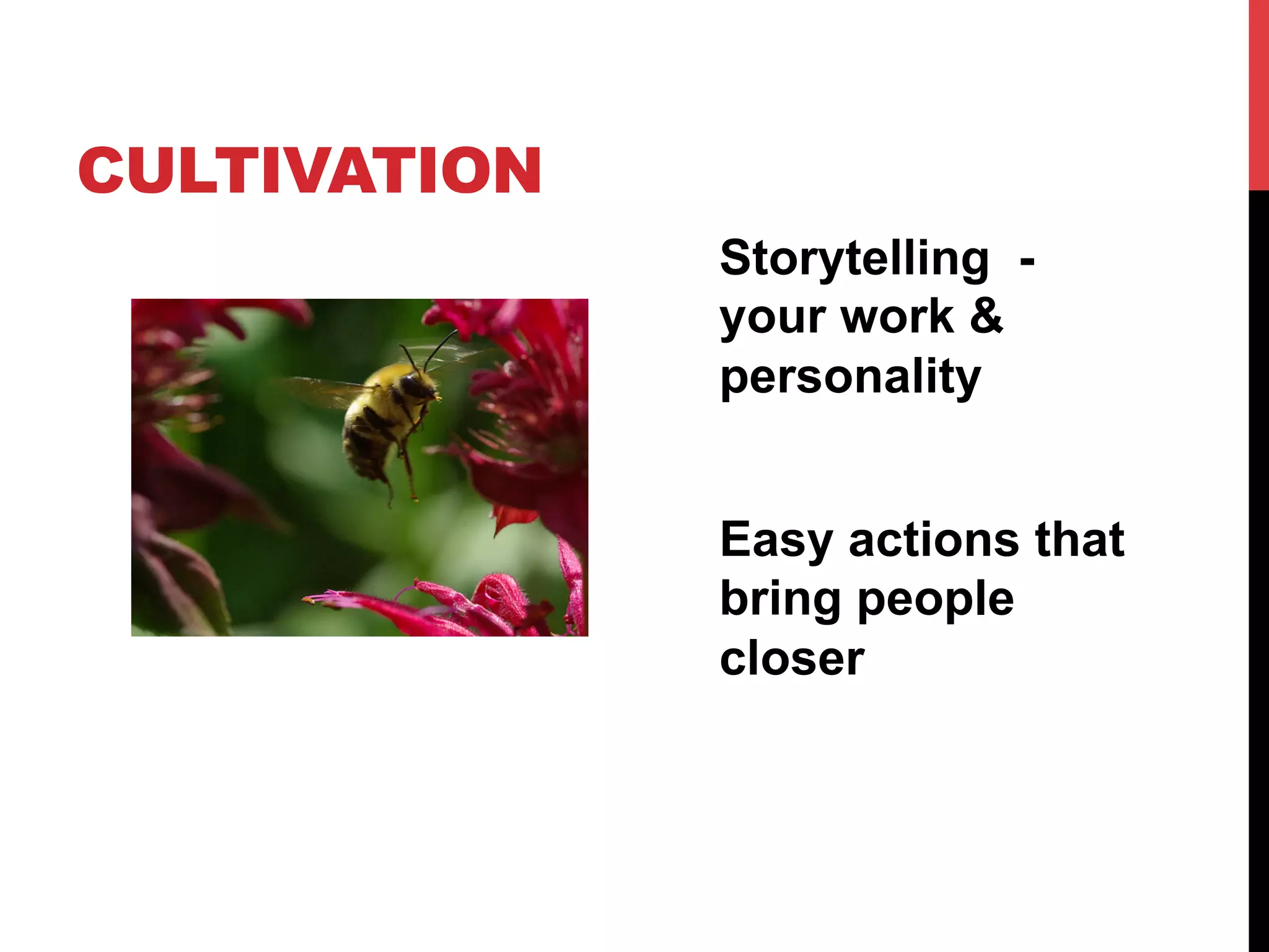 CULTIVATION
              Storytelling -
              your work &
              personality


              Easy actions that
              bring people
              closer
 