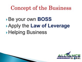  Be

your own BOSS
 Apply the Law of Leverage
 Helping Business

 