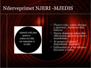 • Planeti toke eshte shtepia
e njerezve , kafsheve dhe
bimeve.
• Njeriu dominon token dhe
shfrytezon gjithe burimet e
mundshme.
• Ai punon si agjent I
degradimit mjedisor.
• Gjithashtu ai u be viktima
kryesore e vetes.
Nderveprimet NJERI -MJEDIS
 
