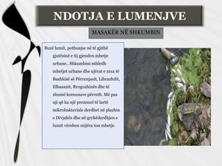 Buzë lumit, pothuajse në të gjithë
gjatësinë e tij gjenden mbetje
urbane.. Shkumbini mbledh
mbetjet urbane dhe ujërat e zeza të
Bashkisë së Përrenjasit, Librazhdit,
Elbasanit, Rrogozhinës dhe të
shumë komunave përreth. Më pas
uji që ka një prezencë të lartë
mikrobakteriale derdhet në plazhin
e Divjakës dhe në grykëderdhjen e
lumit vërehen mijëra ton mbetje .
MASAKËR NË SHKUMBIN
NDOTJA E LUMENJVE
 