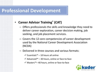 Professional Development
• Career Advisor Training® (CAT)
– Offers professionals the skills and knowledge they need to
deliver career exploration, career decision making, job
seeking, and job placement services.

– Covers the 12 core competencies of career development
used by the National Career Development Association
(NCDA)
– Delivered in three courses and various formats:
 Essentials™ – 10 hours all online
 Advanced™ – 30 hours, online or face-to-face
 Masters™– 40 hours, online or face-to-face

 