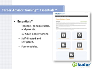 Career Advisor Training®: Essentials™
• Essentials™
– Teachers, administrators,
and parents.
– 10 hours entirely online.
– Self-directed and
self-paced.
– Four modules.

 