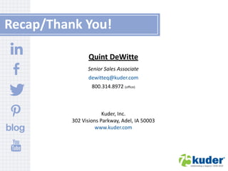 Recap/Thank You!
Quint DeWitte
Senior Sales Associate
dewitteq@kuder.com
800.314.8972 (office)

Kuder, Inc.
302 Visions Parkway, Adel, IA 50003
www.kuder.com

 