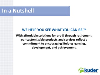 In a Nutshell
WE HELP YOU SEE WHAT YOU CAN BE.™
With affordable solutions for pre-K through retirement,
our customizable products and services reflect a
commitment to encouraging lifelong learning,
development, and achievement.

 