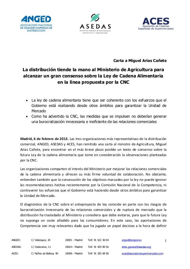 Carta de ANGED, ACES y ASEDAS a Miguel Arias Cañete