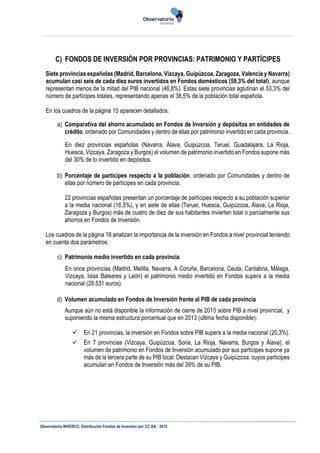 Observatorio INVERCO. Distribución Fondos de Inversión por CC.AA. 2015
C) FONDOS DE INVERSIÓN POR PROVINCIAS: PATRIMONIO Y...