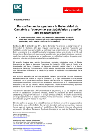Banco Santander ayudará a la Universidad de Cantabria a “acrecentar sus habilidades y ampliar sus oportunidades”