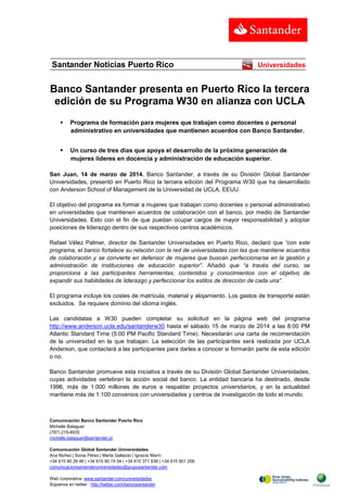 Comunicación Banco Santander Puerto Rico
Michelle Balaguer
(787) 215-8935
michelle.balaguer@santander.pr
Comunicación Glob...