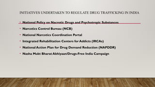 INITIATIVES UNDERTAKEN TO REGULATE DRUG TRAFFICKING IN INDIA
• National Policy on Nacrotic Drugs and Psychotropic Substances
• Narcotics Control Bureau (NCB)
• National Narcotics Coordination Portal
• Integrated Rehabilitation Centers for Addicts (IRCAs)
• National Action Plan for Drug Demand Reduction (NAPDDR)
• Nasha Mukt Bharat Abhiyaan/Drugs-Free India Campaign
 