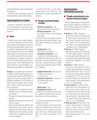 MB APRILE/GIUGNO MILLENOVECENTONOVANTACINQUE 
20 
mantenere l’obesità e sulle misure della spe-sa 
energetica”. 
Pertanto vengono qui proposti i termini di 
obesità ipofagica, eufagica ed iperfagica. 
TRATTAMENTO DI FONDO 
L’obesità è inquadrata, dal punto di vi-sta 
omotossicologico, in una fase di depo-sito 
mesenchimale a carico dell’intersti-zioderma. 
 Dieta 
Tranne che nei casi di obesità iperfagica, 
che, peraltro, sembrano essere una mino-ranza 
soprattutto nel bambino, la dieta deve 
essere il più possibile simile a quella che e-ra 
in grado di “mantenere l’obesità” del sog-getto 
in questione. Una serie di domande 
sulle abitudini medie degli ultimi tre mesi 
prima della consultazione chiarirà le prefe-renze 
alimentari del soggetto: ridurre di so-lo 
il 10-15% il valore calorico della dieta cer-cando 
di variare di molto l’alimentazione che 
spesso nell’obeso è molto abitudinaria e mo-notona 
(spesso iperproteica + iperglicidica). 
Esempio: se il soggetto A per mantenere i-nalterata 
la propria obesità necessita di u-na 
alimentazione media di 1500 Kcal/die, al 
soggetto dovranno essere prospettate 2-3 
indicazioni dietetiche di 1300 Kcal/die con 
molta varianza di alimenti. Anche se lieve-mente 
ridotto, un pasto deve essere sem-pre 
un vero pasto. 
- Consigliare di non mangiare mai con in-differenza, 
ma di dare importanza al pro-prio 
alimento. 
- Ricordare che masticare lentamente sa-zia 
di più. 
- Mangiare frutta fresca non conservata un 
giorno su cinque. 
- Ridurre notevolmente gli alimenti acidi 
come dolciumi, carni, salami, uova, for-maggio 
ed integrare la propria dieta con 
alimenti basici come minestra di patate, 
verdure miste, cavolfiore, carote, pomo-dori, 
pane integrale. 
Si ricordi che l’obeso, più che troppo, 
mangia spesso “male” (junk food = cibo 
spazzatura) ed in modo assolutamente di-sordinato. 
 Terapia omotossicologica 
di fondo 
- Ubichinon compositum: 1 fiala 
(rigeneratore del sistema enzimatico) + 
- Solidago compositum: 1 fiala 
(per sostenere l’azione di incanalamento 
degli edemi) 
Le due fiale unite vanno sciolte in un dito di 
acqua tiepida e bevute alla mattina al risve-glio 
3 volte alla settimana (1 cocktail a gior-ni 
alterni). 
- Lymphomyosot: 1 fiala 
(depuratore mesenchimale) + 
- Lycopodium compositum: 1 fiala 
(stimolatore della funzione epatica) 
Le due fiale unite vanno sciolte in 1 dito d’ac-qua 
tiepida e bevute alla sera subito prima 
di coricarsi 3 volte alla settimana (1 cocktail 
a giorni alterni negli stessi giorni di Ubichi-non 
+ Solidago). 
- Graphites-Homaccord: 1 fiala per os 20- 
30 minuti prima del pasto 
(1 volta al giorno) 
- Coenzyme compositum: 1 fiala per os 
20-30 minuti dopo il pasto 
(1 volta al giorno) 
- Adeps suillus: 1 fiala + 
- Hypophysis suis-Injeel: 1 fiala 
Le due fiale vanno unite nella stessa sirin-ga: 
1 iniezione intramuscolare o sottocuta-nea 
deltoidea 2 volte alla settimana. 
La terapia omotossicologica di fondo va 
protratta per 60 giorni. 
Le dosi su riportate sono riferite all’età 
adulta ed ai bambini oltre i 10 anni: nei ra-ri 
bambini dai 4 ai 10 anni che si sottopon-gono 
alla terapia, ricordare che una fiala 
intera per l’adulto corrisponde a 2/3 di 
fiala. 
TRATTAMENTO 
OMOTOSSICOLOGICO 
 Terapia omeosiniatrica con 
farmaci omotossicologici 
Punti di agopuntura per la terapia dell’o-besità 
(schema ampliato e modificato da 
“Zhao-Yinlang, Dipartimento di Medicina 
Tradizionale Cinese) (fig. 4, 5, 6, 7). 
 Stomaco (E, St) 37 = Shangjuxu = 
Grande Vuoto Superiore. Dermatomero 
L5 - Nervo cutaneo surale laterale. 3 cm 
sotto il punto di incontro prossimale fra 
tibia e perone 2 cm a lato della cresta ti-biale 
anteriore; puntura perpendicolare 
- profondità 1-2 cm - bilateralmente 
 Stomaco (E, St) 40 = Fenglong = 
Abbondanza e prosperità. Dermatomero 
L5 - Nervo cutaneo surale lat.. A metà del-la 
faccia antero-laterale della gamba. Pun-tura 
perpendicolare o lievemente obliqua 
medialmente - profondità 1-2 cm - bilate-ralmente 
 Stomaco (E, St) 44 = Neiting = 
Sala interna. Dermatomero L5 - Nervo 
peroneo superficiale (Nervo collaterale 
dorsale laterale del 2º dito). 0,5 cm po-steriormente 
al bordo della membrana 
interdigitale tra IIº e IIIº dito, nella de-pressione 
distale alla articolazione me-tatarso- 
falangea. Puntura perpendicola-re, 
0,5 cm - bilateralmente 
 Grosso intestino (GI, LI) 11= Quchi = 
Stagno della curva. Dermatomero C6 - 
Branca cutanea dell’avambraccio late-rale 
inferiore del nervo radiale. A metà 
tra l’estremità laterale della plica tra-sversa 
del gomito e l’epicondilo omera-le, 
a gomito flesso. Puntura perpendi-colare, 
1-2 cm - bilateralmente 
 Milza Pancreas (RP, MP, Sp) 6 = San-yinjiao 
= Riunione dei 3 Yin. Dermato-mero 
L4 - Nervo safeno. 3 cm sopra 
l’apice del malleolo mediale, dietro il 
bordo posteriore della tibia. 
Puntura perpendicolare 1-2 cm - bila-teralmente 
 