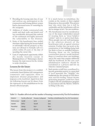 • Providing the housing units free of cost          • It is much better to rehabilitate the
  and without any participation in the                victims in the vicinity of their original
  construction and housing delivery system            living areas as far as possible. This process
  lead to decreased sense of ownership by             may take more time but it will be




                                                                                                            Chapter 3
  the occupants.                                      sustainable and the beneficiaries will not
• Addition of shades constructed with                 feel as stranger in her / his own residence.
  wattle and daub walls and thatch roof             • The beneficiaries must be considered as
  has considerably decreased the outlook              one of the major stakeholders instead
  of the settlement and highly increased              of treating them as “poor helpless
  the vulnerability to fire disasters.                victims” and try to spoon feed them.
                                                      These people can very well participate
• Some of the beneficiaries have settled              in the selection process of the
  elsewhere either leaving the houses locked          beneficiaries with an agreed selection
  or informally sold the property as they             criterion. Further they can work in the
  were not allowed to formally sell it to             construction of the buildings being built
  others within 25 years of the date of               for them at least as unskilled laborers.
  awarding the owner title.                           Training them on the building
• Lack of employment opportunity within               construction process would facilitate
  the nearby location exce pt in                      them to construct their own buildings
  Madanpokhara of Makwanpur district                  and at the same time acquire additional
  became the main reason for the victims              skill for livelihood. In this case such
  to settle elsewhere.                                rehabilitation endeavor should be
                                                      considered as a process and not an
Lessons for the future                                objective oriented project.
The lesson from this project is to establish        • Such project could have contributed to
community based disaster risk management              income generation activity in a great deal
                                                      if local materials like “khapda” the
committees and capacitate them to                     traditional clay tiles instead of CGI sheets
implement disaster preparedness and                   were used for roofing. Various income
response at the local level. Apart from that          generating programs could have been
the following lessons can be drawn from               coupled with the rehabilitation program
the experience of this rehabilitation for the         in association with the NGOs/ INGOs
disaster affected people;                             working in the area.



Table 3.5 : Families affected and the number of housing constructed by Tzu Chi Foundation
 District      Family affected   Houses Collapsed     Families rehabilitated by Tzu Chi Foundation
 Makwanpur     14748             3010                 400
 Sarlahi       16812             16708                600
 Rautahat      14644             6411                 800
 Total         46,204            26,129               1,800




                                                                                                     | 91
 