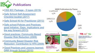 Publications
CSS IEC Package - 5 types (2019)
Safe School Self-Assessment
Checklist booklet (2017)
Safe School Kit for Practitioner (2013)
Safe school Policies and Practices:
good Initiative, Gaps, implications and
the way forward (2013)
Good practices: Community Based
Disaster Risk Reduction (2009)
Community Based Disaster Risk
Reduction: Contribution to HFA (2009)
Good Practices and Lessons learned:
DRR through School (2010)National Disaster Risk Reduction Center Nepal21
 