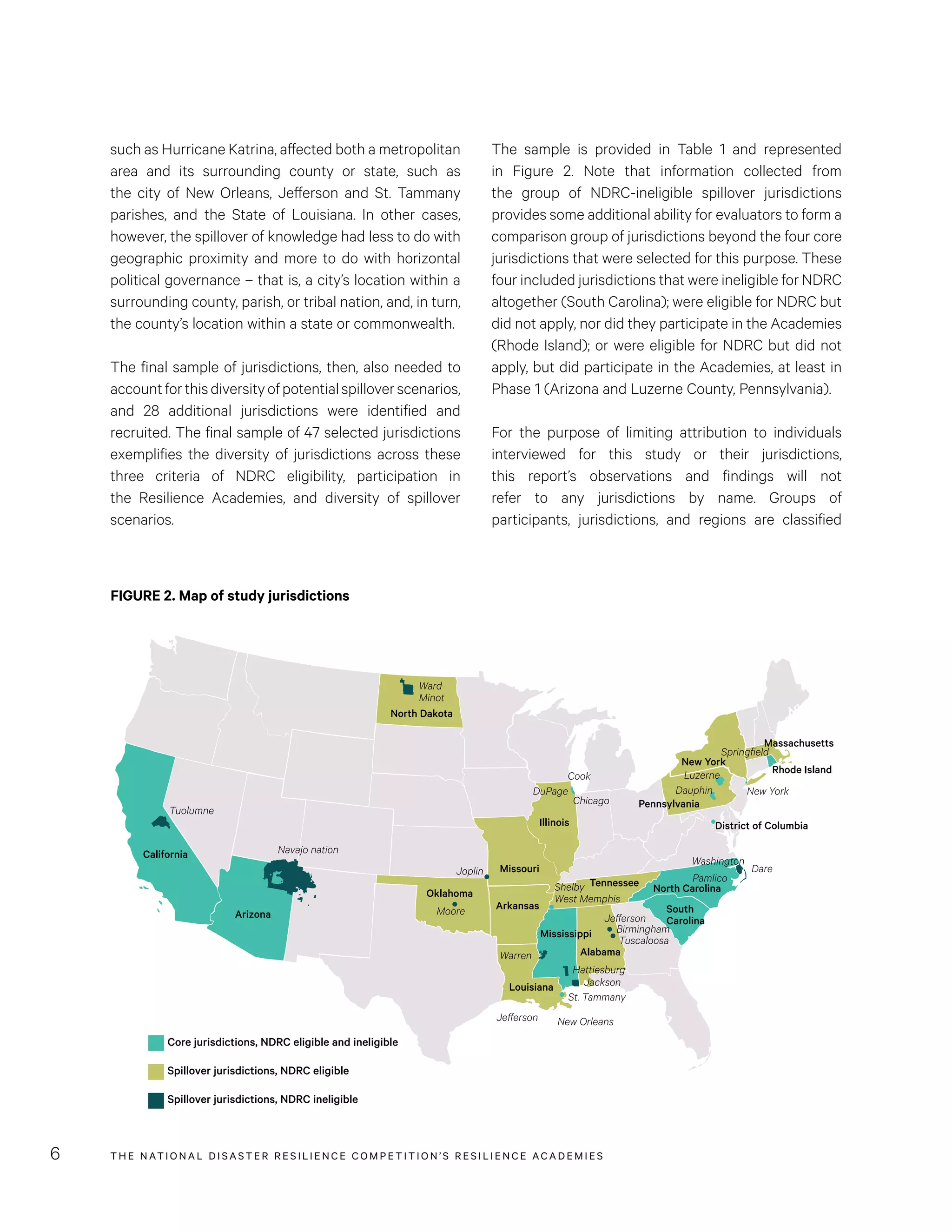 THE NATIONAL DISASTER RESILIENCE COMPETITION’S RESILIENCE ACADEMIES6
The sample is provided in Table 1 and represented
in Figure 2. Note that information collected from
the group of NDRC-ineligible spillover jurisdictions
provides some additional ability for evaluators to form a
comparison group of jurisdictions beyond the four core
jurisdictions that were selected for this purpose. These
four included jurisdictions that were ineligible for NDRC
altogether (South Carolina); were eligible for NDRC but
did not apply, nor did they participate in the Academies
(Rhode Island); or were eligible for NDRC but did not
apply, but did participate in the Academies, at least in
Phase 1 (Arizona and Luzerne County, Pennsylvania).
For the purpose of limiting attribution to individuals
interviewed for this study or their jurisdictions,
this report’s observations and findings will not
refer to any jurisdictions by name. Groups of
participants, jurisdictions, and regions are classified
such as Hurricane Katrina, affected both a metropolitan
area and its surrounding county or state, such as
the city of New Orleans, Jefferson and St. Tammany
parishes, and the State of Louisiana. In other cases,
however, the spillover of knowledge had less to do with
geographic proximity and more to do with horizontal
political governance – that is, a city’s location within a
surrounding county, parish, or tribal nation, and, in turn,
the county’s location within a state or commonwealth.
The final sample of jurisdictions, then, also needed to
accountforthisdiversityofpotentialspilloverscenarios,
and 28 additional jurisdictions were identified and
recruited. The final sample of 47 selected jurisdictions
exemplifies the diversity of jurisdictions across these
three criteria of NDRC eligibility, participation in
the Resilience Academies, and diversity of spillover
scenarios.
FIGURE 2. Map of study jurisdictions
Core jurisdictions, NDRC eligible and ineligible
Spillover jurisdictions, NDRC eligible
Spillover jurisdictions, NDRC ineligible
California
Tuolumne
Ward
Minot
Cook
DuPage
Chicago
Warren
Hattiesburg
Jackson
St. Tammany
Jefferson
Jefferson
Birmingham
Tuscaloosa
New Orleans
Springfield
New York
Dare
Moore
Joplin
Shelby
West Memphis
Pamlico
Washington
District of Columbia
Luzerne
Dauphin
Navajo nation
Arizona
North Dakota
Illinois
Missouri
Oklahoma
Louisiana
Mississippi
Alabama
Tennessee North Carolina
Pennsylvania
New York
Massachusetts
Rhode Island
South
Carolina
Arkansas
 