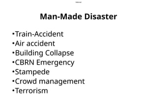 Internal
Man-Made Disaster
•Train-Accident
•Air accident
•Building Collapse
•CBRN Emergency
•Stampede
•Crowd management
•Terrorism
 