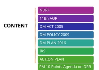Internal
NDRF
11Bn AOR
DM ACT 2005
DM POLICY 2009
DM PLAN 2016
IRS
ACTION PLAN
CONTENT
PM 10 Points Agenda on DRR
 