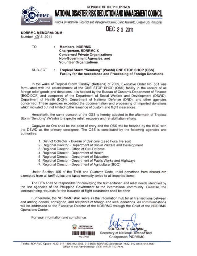 NDRRMC Memo One Stop Shop (OSS) 2011